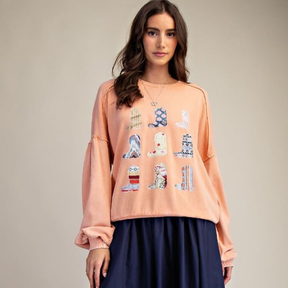 Easel Peach Knit Terry top with Colorful Boot Design